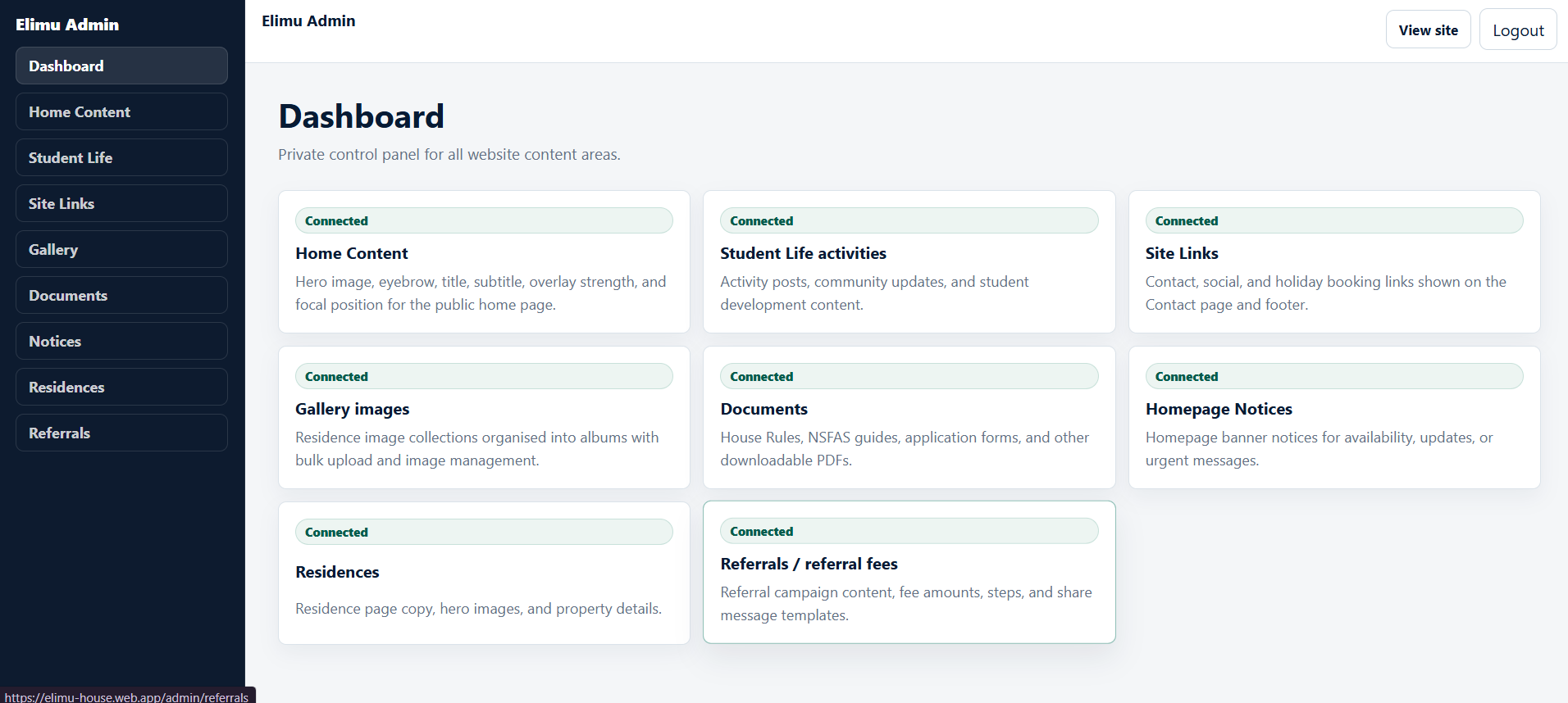 Elimu Student Housing content management system screenshot