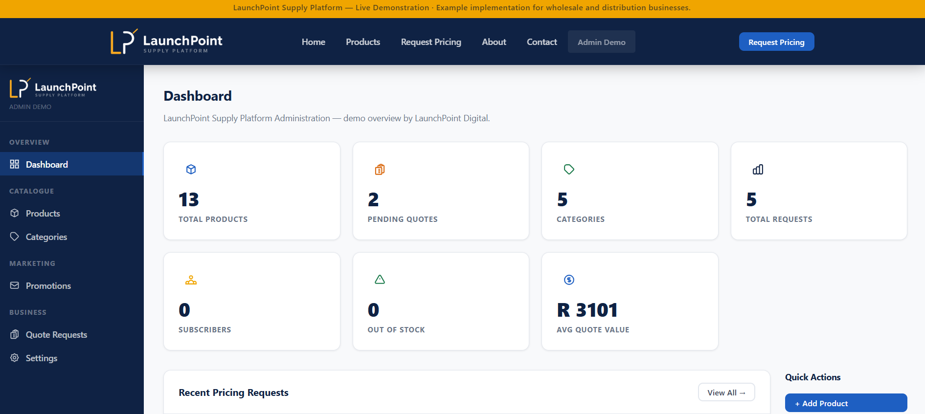 LaunchPoint Supply Platform admin dashboard screenshot